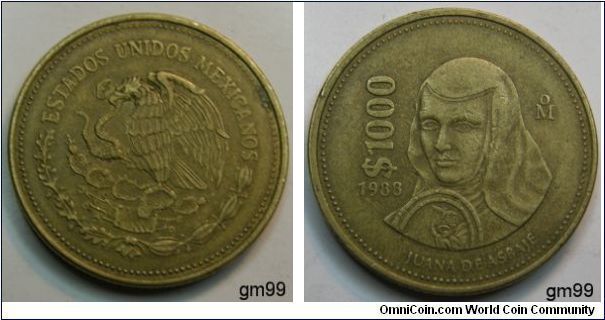 1000 Pesos coin, 
Aluminum Bronze 30.5mm,Obverse: National arms, eagle left. Reverse: Bust 1/4 left with diagonal value at left. NOTE: Juana De Asbaje.