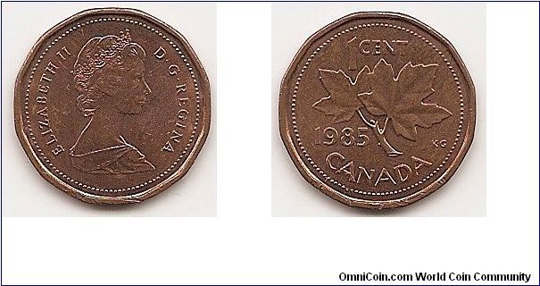 1 Cent
KM#132
2.5000 g. Comp.: Bronze Ruler: Elizabeth II Obv.: Queen's bust
right Rev.: Maple leaf divides date and denomination Edge: Plain Size: 19.10 mm. Note:
Reduced weight.