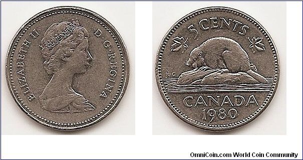 5 Cents
KM#60.2
Nickel Ruler: Elizabeth II Obv.: Queen's bust right Rev.:
Beaver on rock divides date and denomination Size: 21.2 mm.