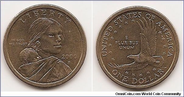 1 Dollar - SACAGAWEA Dollar -
KM#310
COPPER-ZINC-MANGANESE-NICKEL CLAD COPPER 26.4 mm. 8.0700 g. Sacagawea bust right, with baby on back Eagle in flight left