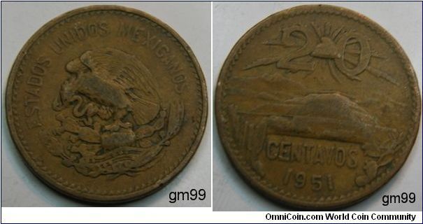 20 Centavos (Bronze), 
Obverse: Eagle standing left on cactus, snake in beak, ESTADOS UNIDOS MEXICANOS
Reverse: Cap with rays above mountains with cactus left and right in foreground,
 20 CENTAVOS date 1951