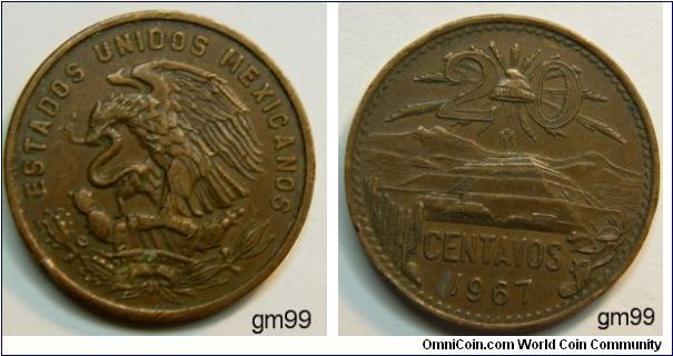 20 Centavos (Bronze), 
Obverse: Eagle standing left on cactus, snake in beak, ESTADOS UNIDOS MEXICANOS
Reverse: Cap with rays above mountains with cactus left and right in foreground,
 20 CENTAVOS date 1967