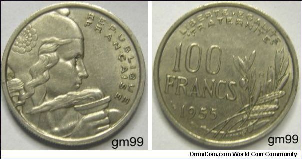 100 Francs (Copper-Nickel) : 1954-1958
Obverse; Capped head of Liberty right holding torch.
REPUBLIQUE FRANCAISE
Reverse; Stalks and leaves to right of value and date,
 LIBERTE EGALITE FRATERNITE 100 FRANCS date 1955