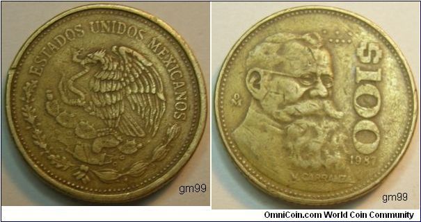 100 Pesos (Aluminum-Bronze) : Obverse: Eagle standing left on cactus, snake in beak.
 ESTADOS UNIDOS MEXICANOS
Reverse: Bearded bust of Venustiano Carranza right,
 $100 date: 1987, V CARRANZA