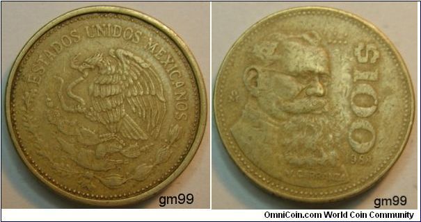 100 Pesos (Aluminum-Bronze) : Obverse: Eagle standing left on cactus, snake in beak.
 ESTADOS UNIDOS MEXICANOS
Reverse: Bearded bust of Venustiano Carranza right,
 $100 date: 1988, V CARRANZA
