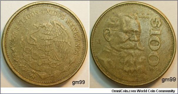 100 Pesos (Aluminum-Bronze) : 1989-
O Eagle standing left on cactus, snake in beak
O ESTADOS UNIDOS MEXICANOS
R Bearded bust of Venustiano Carranza right,
 $100 date V CARRANZA