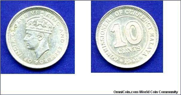 10 cents.
Malaya.
George VI (1936-1952).
Mintage 5,000,000 units.


Ag500f. 2,71gr.