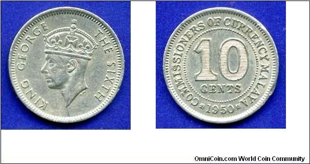 10 cents.
Malaya.
George VI (1936-1952) king.
Mintage 65,000,000 units.


Cu-Ni.