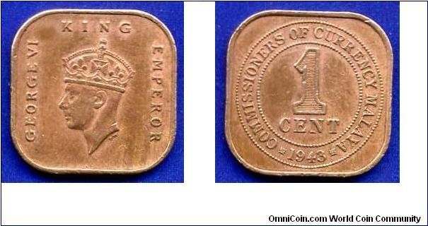 1 cent.
Malaya.
George VI (1936-1952).
Mintage 50,000,000 units.


Br.