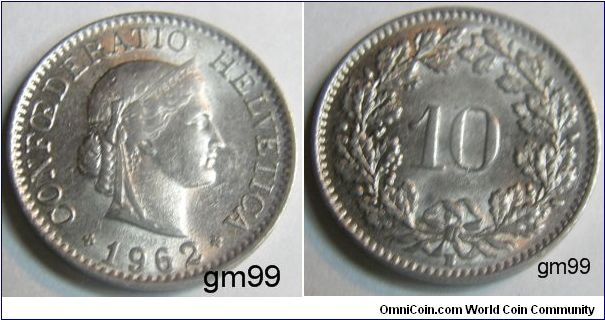 10 Rappen (Copper-Nickel) : 1879-1993
Obverse: Head of Helvetia right, LIBERTAS on headband,
CONFOEDERATIO HELVETICA date
Reverse: Value within wreath,
10