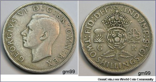 Great Britain km865 2 Shillings (1947-1948) with IND:IMP
Obverse;  Bare head of George VI left 
GEORGIVS VI D:G:BR:OMN:REX 
Reverse;  Crowned rose with thistle above G and shamrock above R on left and right, leek below 
:FID: :DEF: TWO SHILLINGS date 1948