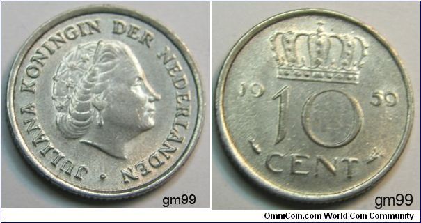 10 Cents (Nickel) Obverse; Queen Juliana right,
JULIANA KONINGIN DER NEDERLANDEN
Reverse; Crown over legend,
date 1959, 10 CENT