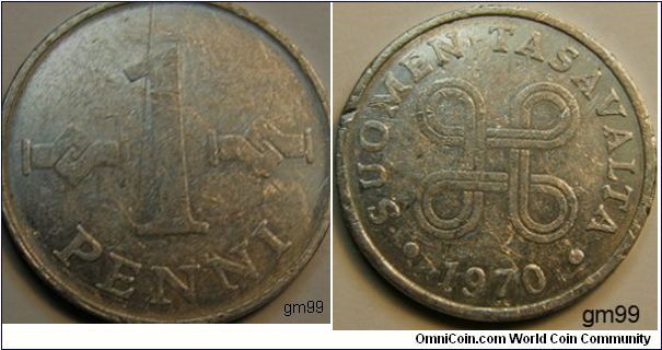 1 Penni (Aluminum), Obverse: Four circles made of a single interlooping ribbon,
SUOMEN TASAVALTA date 1970
Reverse: Value,
 1 PENNI