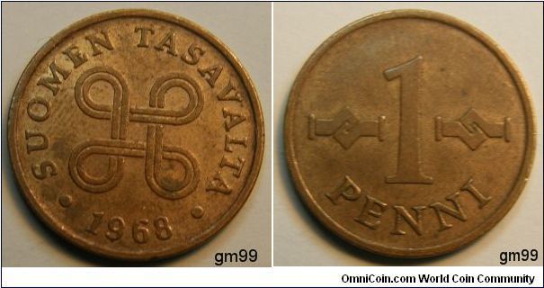 1 Penni (Copper) Obverse: Four circles made of a single interlooping ribbon,
SUOMEN TASAVALTA date
Reverse: Value
1 PENNI