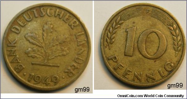 10 Pfennig (Copper Plated Steel) 
Obverse; Plant with 5 leaves,
BUNDESREPUBLIK DEUTSCHLAND date
Reverse; Stalks either side of value,
10 PFENNIG