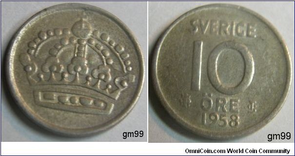 Obverse;  crown 
Rrverse;SVERIGE 10 ORE, date 1958