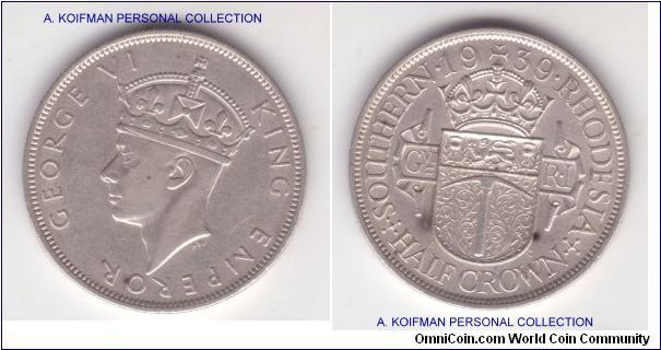 KM-15, 1939 Southern Rhodesia half crown in between good fine and very fine condition