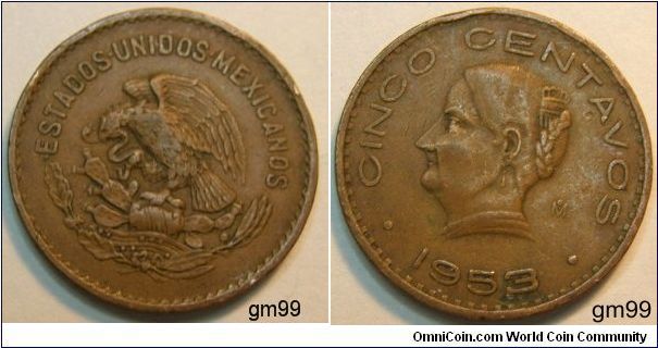 Bronze.25.5 mm,
Obverse: National arms, eagle left.Reverse: Head left.5 Centavos