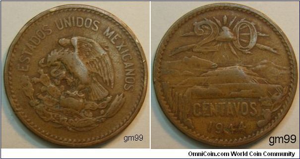 20 Centavos (Bronze), 
Obverse: Eagle standing left on cactus, snake in beak, ESTADOS UNIDOS MEXICANOS
Reverse: Cap with rays above mountains with cactus left and right in foreground,
 20 CENTAVOS date 1943