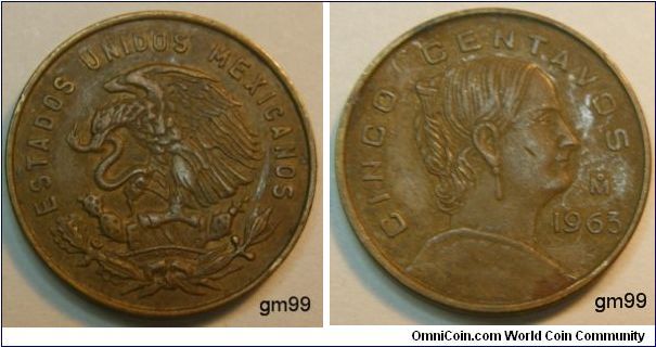 Obverse: Eagle standing left on cactus, snake in beak,
 ESTADOS UNIDOS MEXICANOS
Reverse: White Josefa right,
 CINCO CENTAVOS date 1963

5 Centavos