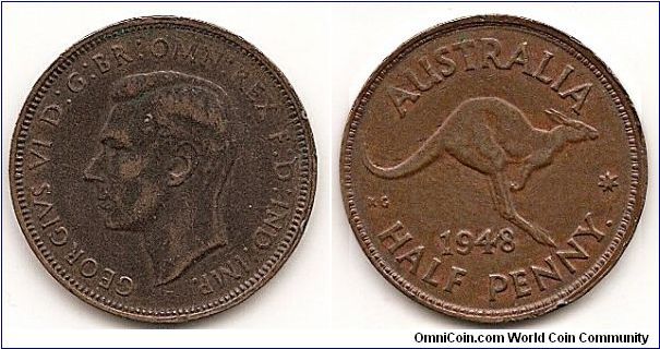 1/2 Penny
KM#41
5.7000 g., Bronze Ruler: George VI Obv: Head left Rev:
Kangaroo leaping right above value