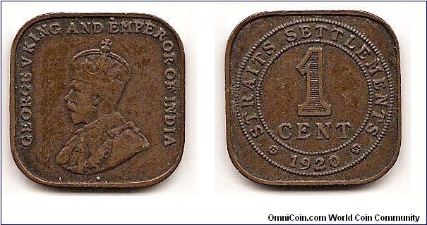 STRAITS SETTLEMENTS 1 Cent
KM#32
Bronze, 21 mm. Obv: Crowned bust left Rev: Value within
beaded circle Edge: Plain