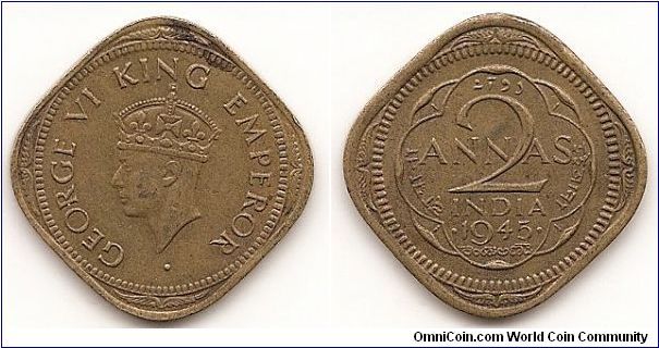 2 Annas
KM#543
Nickel-Brass Ruler: George VI Obv: Second head, low relief, large crown Obv. Legend: GEORGE VI KING EMPEROR Rev: Small “2” Shape: Square