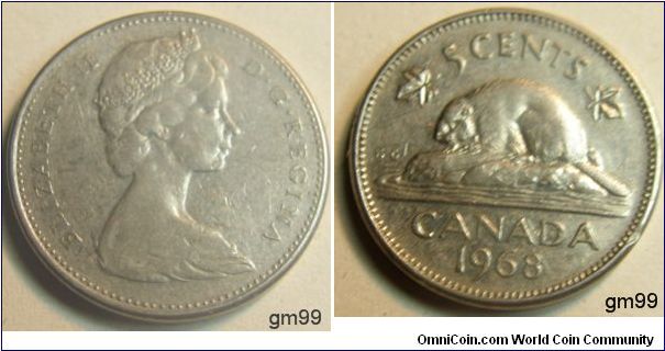 5 Cents (Nickel) Obverse: Crowned head of Queen Elizabeth II right,
ELIZABETH II D G REGINA
Reverse: Beaver left,
5 CENTS CANADA date 1968