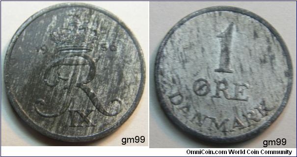 1 Ore (Zinc),
Obverse: Crowned monogram,
date 1956 R IX (Monogram)
Reverse: Value in center, Mintmasters initial: C, Moneyers initial: S
1 ORE DANMARK