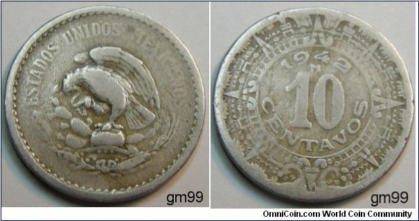 10 Centavos (Copper-Nickel)  
Obverse: Eagle standing left on cactus, snake in beak,
ESTADOS UNIDOS MEXICANOS
Reverse: Date and value within Aztec border,
date 1942, 10 CENTAVOS