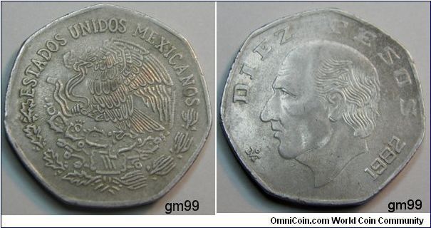 10 Pesos (Copper-Nickel) Obverse: Eagle standing left on cactus, snake in beak,
ESTADOS UNIDOS MEXICANOS
Reverse: Miguel Hidalgo left,
DIEZ PESOS date. SHAPE:7-sided NOTE:Thick Flan -2.3mm