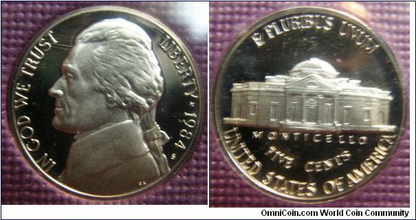 Struck only as Proofs and available originally only in Proof sets.Diameter: 21.2 millimeters
Metal content:
Copper - 75%
Nickel - 25%
Weight: 5 grams
Edge: Plain
Mintmark: Small S (for San Francisco, California) below the date on the obverse