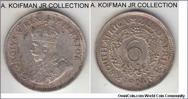 KM-A16, 1924 South Africa 6 pence; silver, reeded; first George V type, rather scarce, toned extra fine.