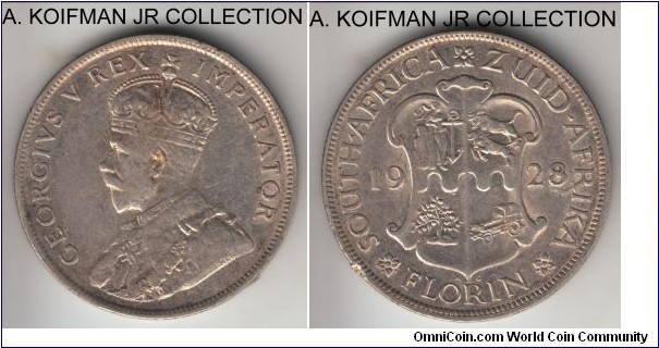 KM-18, 1928 South Africa florin; silver, reeded edge; George V second type, about VF, rim nick on reverse.