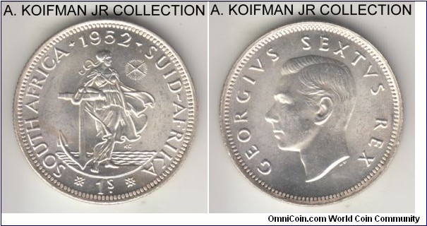 KM-37.2, 1952 South Africa (Dominion) shilling; silver, reeded edge, George VI, 2-year type and common, choice brilliant uncirculated.