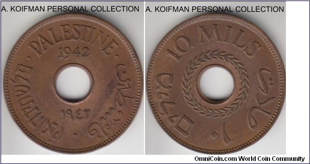 KM-4a, 1942 Palestine 10 mils; bronze, plain edge, holed flan; good XF but lightly cleaned, mostly around the center hole, scarcer 2 year bronze type.