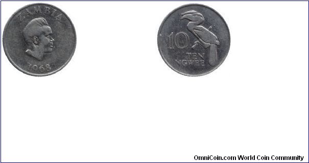 10 ngwee, Bronze, Crowned Hornbill, President K. D. Kaunda