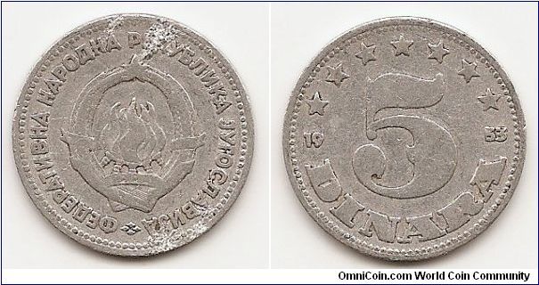 5 Dinara-Federal People's Republic-
KM#32
Aluminum, 24.6 mm. Obv: State emblem Rev: Denomination
divides date, seven stars above Edge: Plain