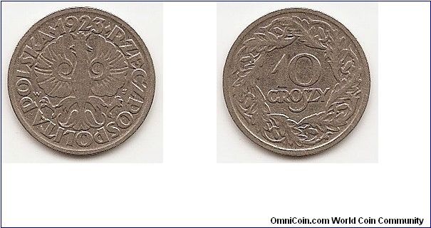 10 Groszy
Y#11
2.0000 g., Nickel, 17.6 mm. Obv: Crowned eagle with wings
open Rev: Value within wreath
