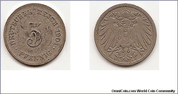 5 Pfennig-Germany-Empire-
KM#11
2.4700 g., Copper-Nickel, 18 mm. Ruler: Wilhelm II Obv:
Denomination, date at right Rev: Crowned imperial eagle with
shield on breast Note: Struck from 1890-1915.