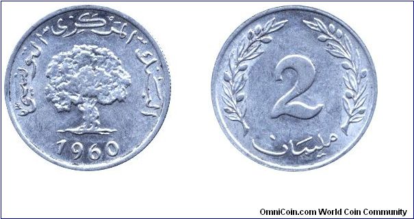 Tunisia, 2 millimes, 1960, Al, Tree.                                                                                                                                                                                                                                                                                                                                                                                                                                                                                