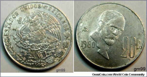 20 Centavos (Copper-Nickel)
Obverse: Eagle standing left on cactus, snake in beak,
ESTADOS UNIDOS MEXICANOS
Reverse: Bearded bust of Francisco Madero right
Mint- Mo, date 1980, 20 C