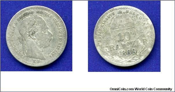 10 krajzar. (kreuzer).
Franc Ioseph I (1848-1916).
Austro-Hungary empire.
(KB)Kremnitz mint.


Ag400f. 1,66gr.
