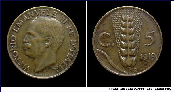 Kingdom of Italy - Victor Emmanuel III - 5 Centesimi (ear of wheat) - Copper