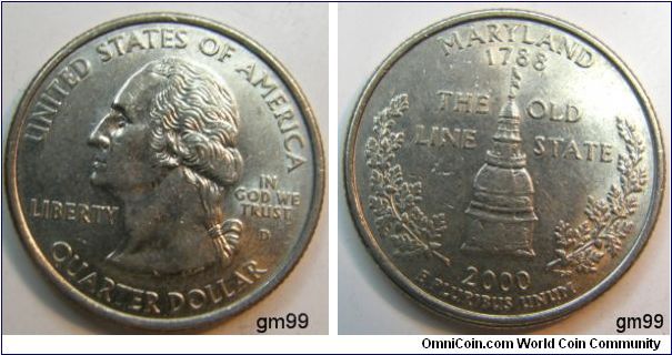 Our 7th state shares its pride for the honored Maryland Statehouse.  A distinctive building dating back to 1772, it features the country's largest wooden dome built without nails. 2000D Quarter