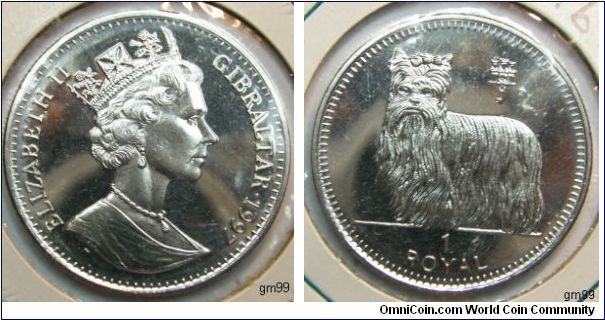 Obverse:
Queen Elizabeth II, Gibraltar Date:1997. Reverse:  Yorkshire Terrier 
1 Royal