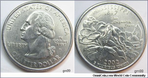 Mississippi 1817. The beauty and elegance of the state flower, combining the blossoms and leaves of two magnolias with the inscription The Magnolia State. 2002D Quarter