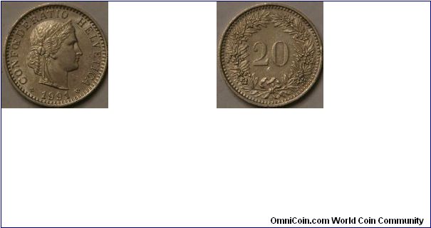 20 Rappen (also called Centimes, and Centesimi)
Copper-Nickel