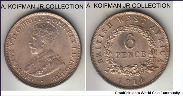 KM-11, 1914 British West Africa 6 pence, Heaton mint (H mint mark); silver, reeded edge; George V, weaker strike but definitely mint state,. interesting small strike-through line on King's breast.