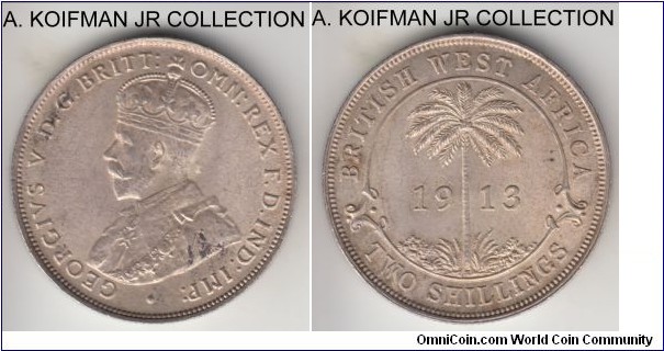 KM-13, 1913 British West Africa 2 shilling, Heaton mint (H mint mark); silver, reeded edge; uncirculated for wear, a couple of stains on obverse.